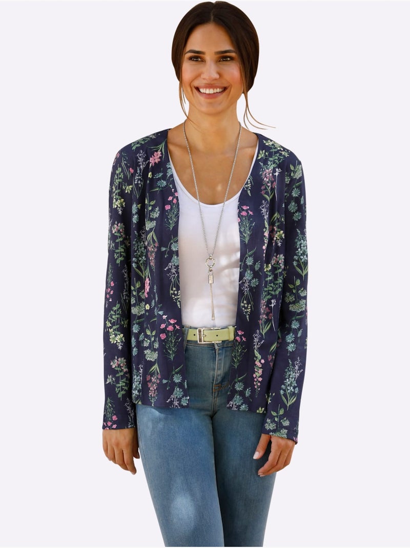 Veste légère à imprimé floral avec col V et manches longues - Taille standard - Moda Vilona Bleu Rose - Kiabi