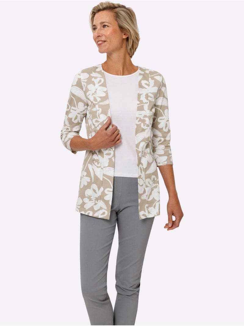 Veste légère à motifs floraux avec col v et manches 3/4 - taille standard - moda vilona Beige/Blanc - Kiabi