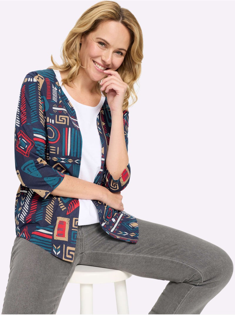 Veste Légère Motif Ethnique Tendance - Taille Standard - Moda Vilona Bleu topaze - Kiabi