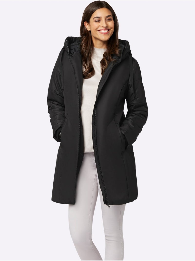 Veste longue à capuche avec poches et bords-côtes confortables - Taille standard - Moda Vilona Noir - Kiabi