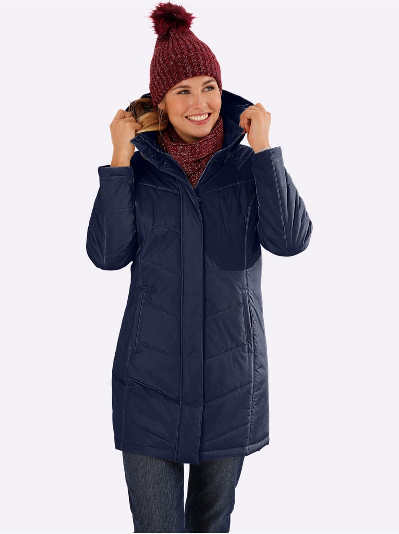 Veste longue à col montant avec capuche amovible et poches pratiques - Taille standard - Moda Vilona Bleu marine - Kiabi