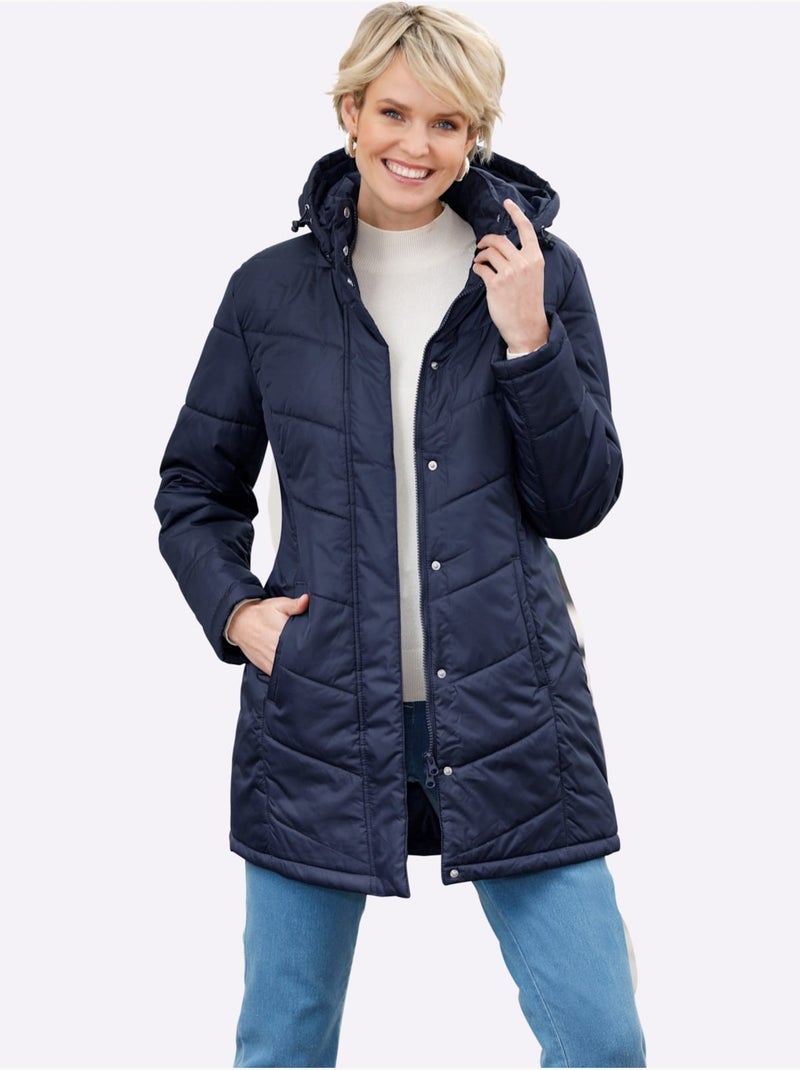 Veste longue à col montant avec capuche amovible et poches pratiques - Taille standard - Moda Vilona Bleu marine - Kiabi