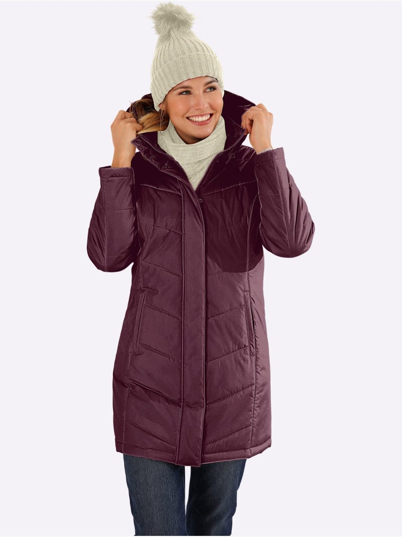Veste longue à col montant avec capuche amovible et poches pratiques - Taille standard - Moda Vilona Bordeaux - Kiabi