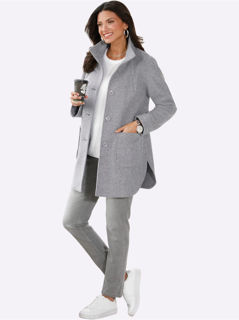 Veste longue à col montant avec poches et fentes latérales - Taille standard - Moda Vilona Gris chiné - Kiabi
