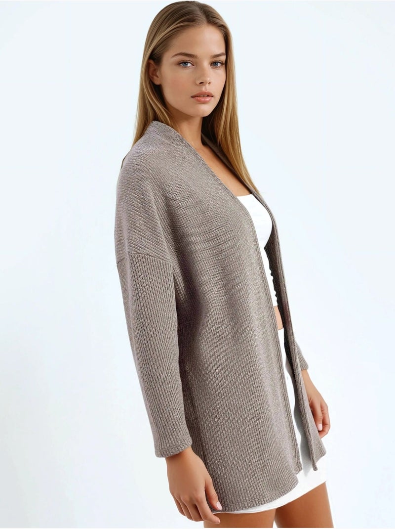 Veste longue à col ouvert en maille lurex busem Grège - Kiabi