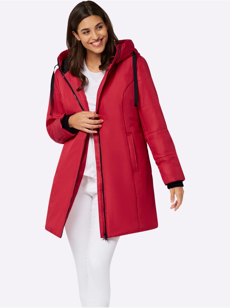 Veste longue avec capuche à poches et bords-côtes confortables - Taille standard - Moda Vilona Rouge - Kiabi