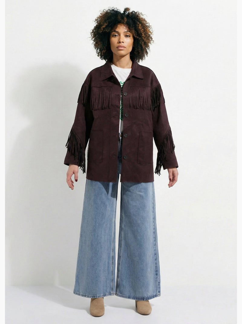 Veste longue en suédine à franges - AFIBEL Marron chocolat - Kiabi