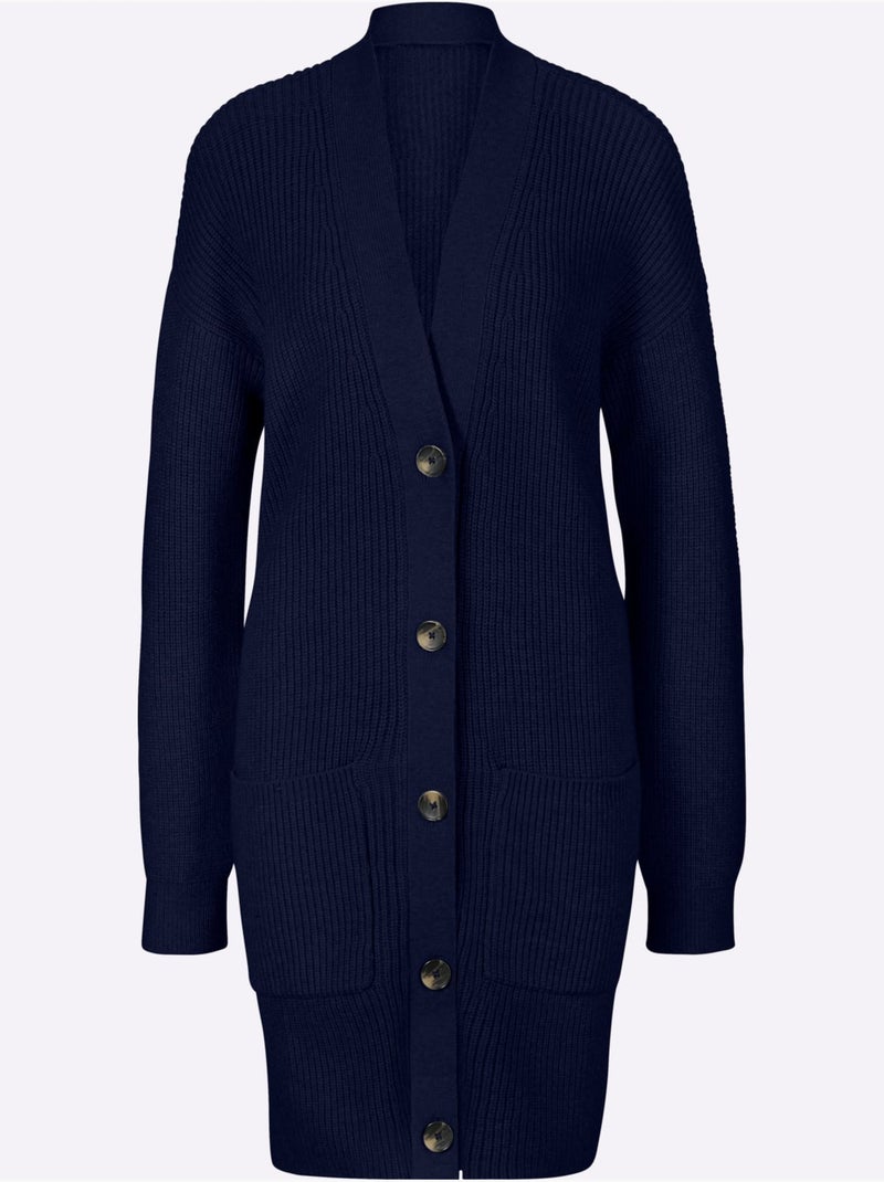 Veste longue en tricot 2 poches plaquées - taille standard - helline Bleu marine - Kiabi