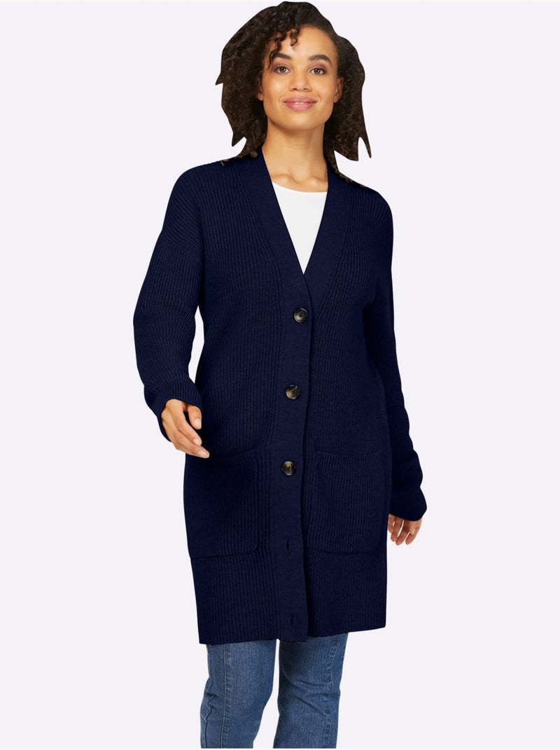 Veste longue en tricot 2 poches plaquées - taille standard - helline Bleu marine - Kiabi