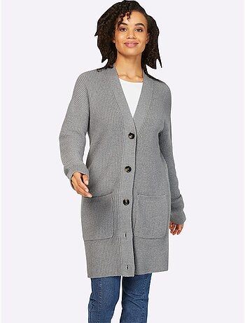 Veste longue en tricot 2 poches plaquées - taille standard - helline
