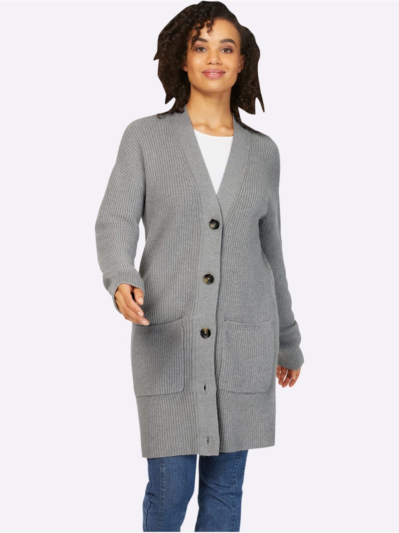 Veste longue en tricot 2 poches plaquées - taille standard - helline Gris chiné - Kiabi