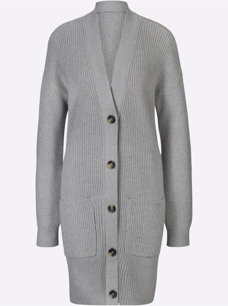 Veste longue en tricot 2 poches plaquées - taille standard - helline Gris chiné - Kiabi