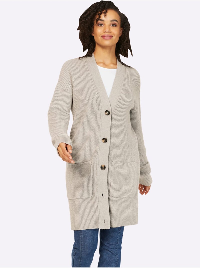 Veste longue en tricot 2 poches plaquées - taille standard - helline Sable - Kiabi