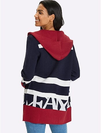 Veste longue en tricot à capuche avec rayures et finitions côtelées - Taille standard - Moda Vilona