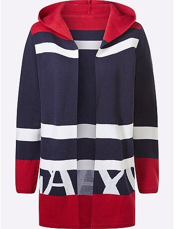 Veste longue en tricot à capuche avec rayures et finitions côtelées - Taille standard - Moda Vilona