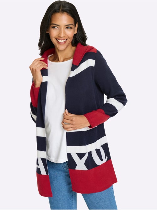 Veste longue en tricot à capuche avec rayures et finitions côtelées - Taille standard - Moda Vilona - Kiabi Veste longue en tricot à capuche avec rayures et finitions côtelées - Taille standard - Moda Vilona - Kiabi