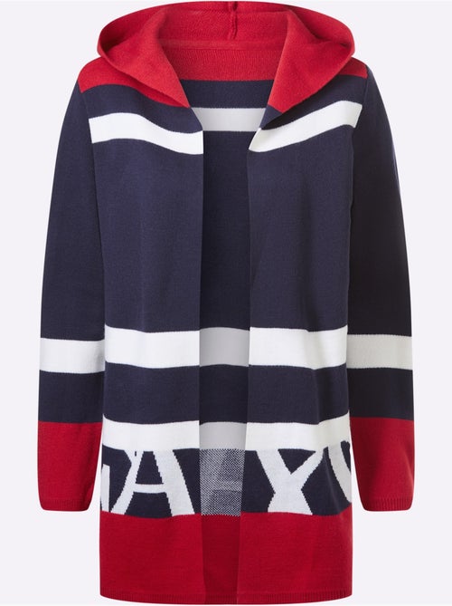 Veste longue en tricot à capuche avec rayures et finitions côtelées - Taille standard - Moda Vilona - Kiabi Veste longue en tricot à capuche avec rayures et finitions côtelées - Taille standard - Moda Vilona - Kiabi