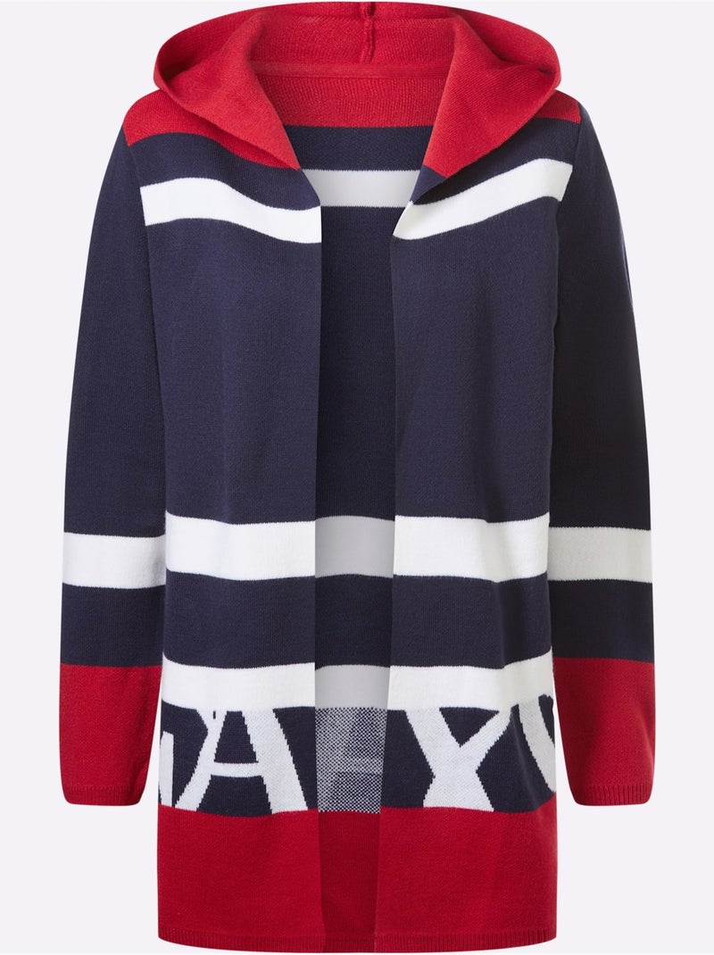Veste longue en tricot à capuche avec rayures et finitions côtelées - Taille standard - Moda Vilona Blanc/Marine - Kiabi