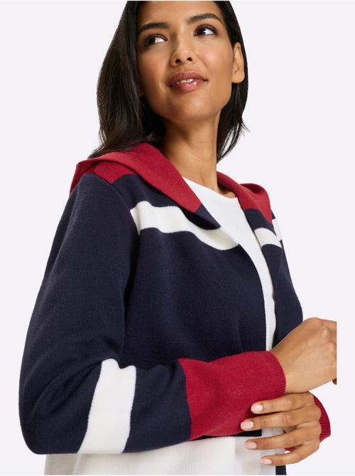 Veste longue en tricot à capuche avec rayures et finitions côtelées - Taille standard - Moda Vilona - Kiabi Veste longue en tricot à capuche avec rayures et finitions côtelées - Taille standard - Moda Vilona - Kiabi