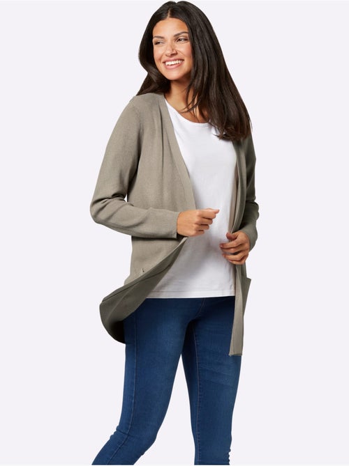 Veste longue en tricot à col V avec poches et bords-côtes - Taille standard - Moda Vilona - Kiabi