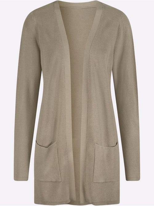 Veste longue en tricot à col V avec poches et bords-côtes - Taille standard - Moda Vilona - Kiabi