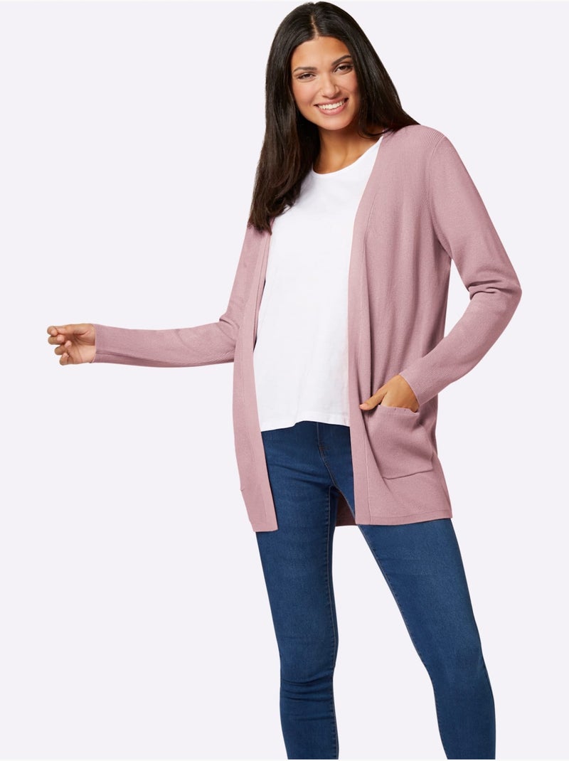 Veste longue en tricot à col v avec poches et bords-côtes - taille standard - moda vilona Rose - Kiabi