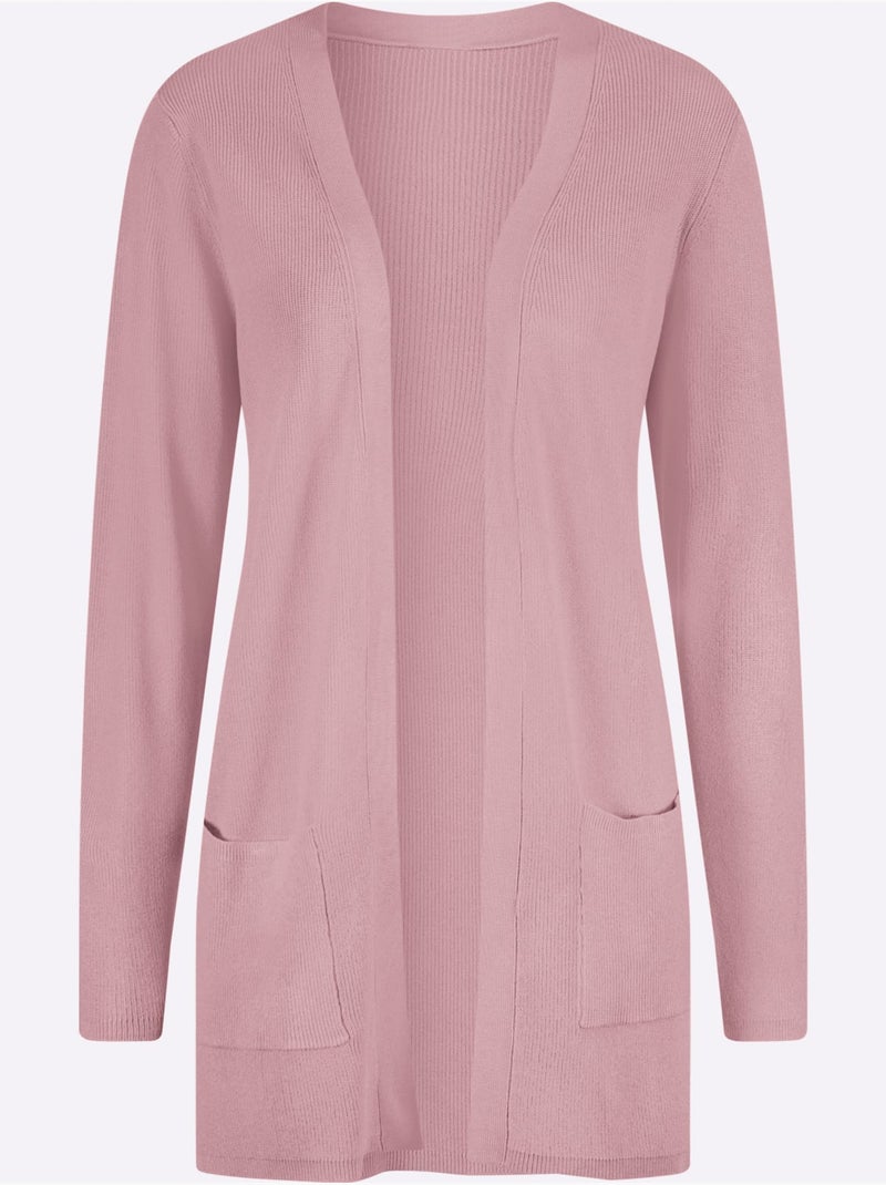 Veste longue en tricot à col v avec poches et bords-côtes - taille standard - moda vilona Rose - Kiabi