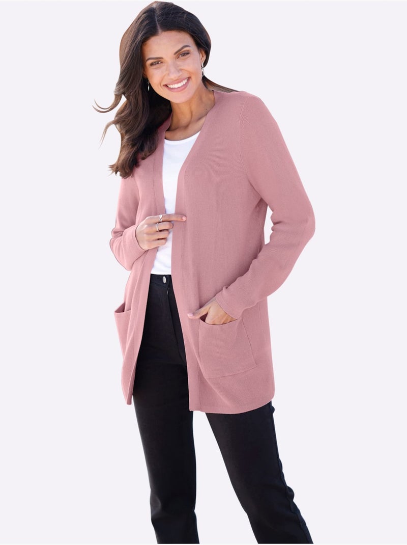 Veste longue en tricot à col v avec poches et bords-côtes - taille standard - moda vilona Rose - Kiabi