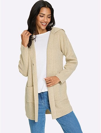 Veste longue en tricot avec capuche et poches plaquées - Taille standard - Moda Vilona