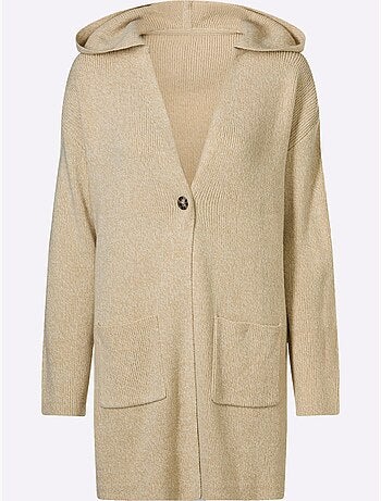 Veste longue en tricot avec capuche et poches plaquées - Taille standard - Moda Vilona