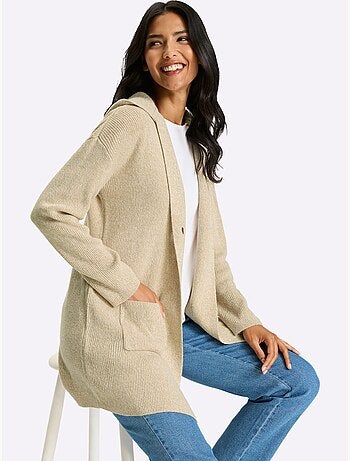 Veste longue en tricot avec capuche et poches plaquées - Taille standard - Moda Vilona