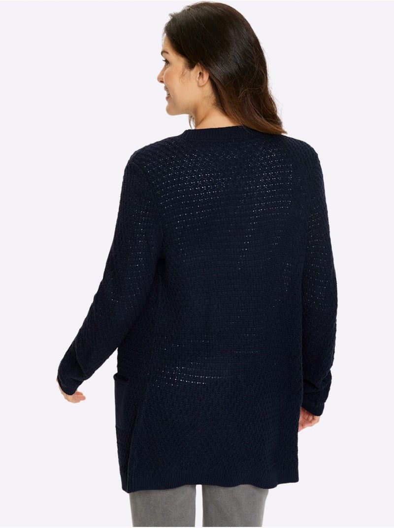 Veste longue en tricot avec col v et poches plaquées - taille standard - moda vilona Bleu marine - Kiabi