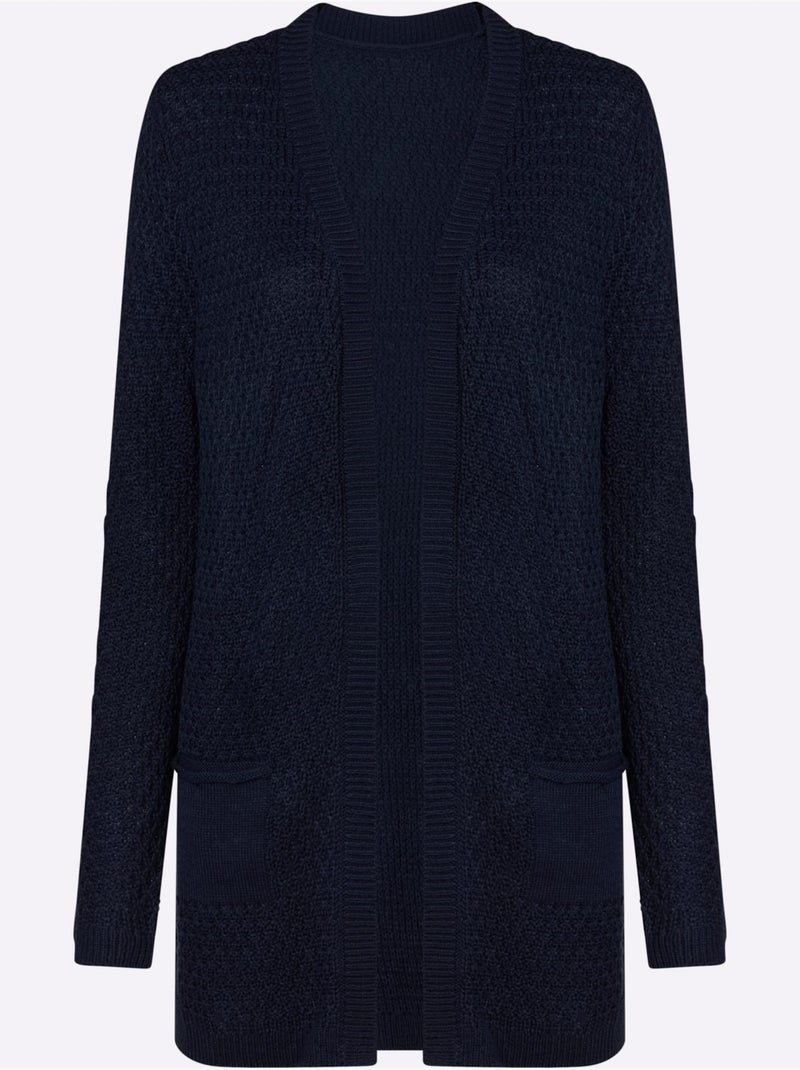 Veste longue en tricot avec col v et poches plaquées - taille standard - moda vilona Bleu marine - Kiabi