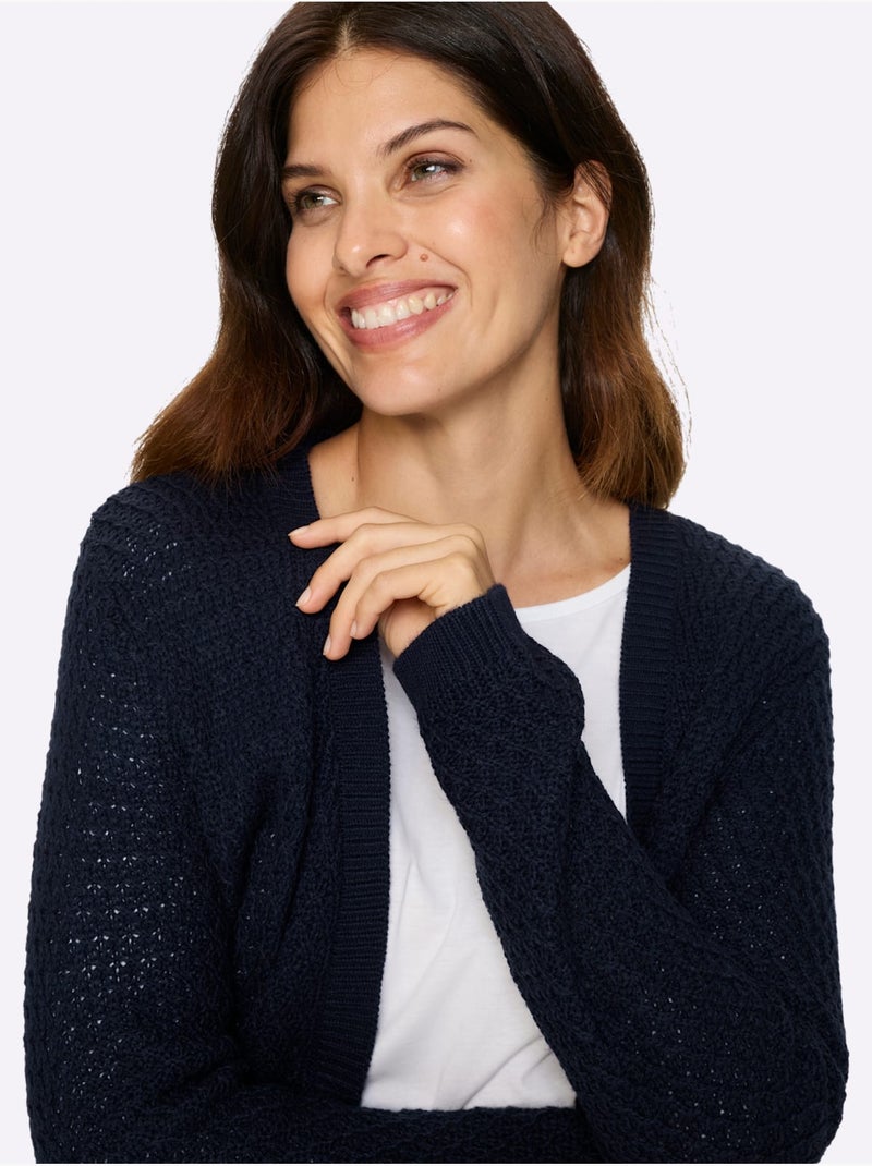 Veste longue en tricot avec col v et poches plaquées - taille standard - moda vilona Bleu marine - Kiabi