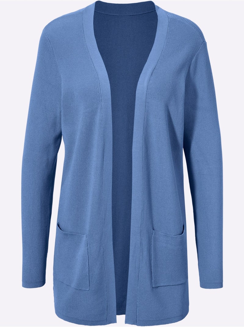 Veste longue en tricot avec col V et poches plaquées - Taille standard - Moda Vilona Bleu - Kiabi