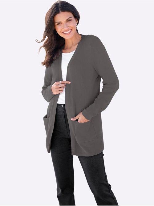 Veste longue en tricot avec col V et poches plaquées - Taille standard - Moda Vilona - Kiabi