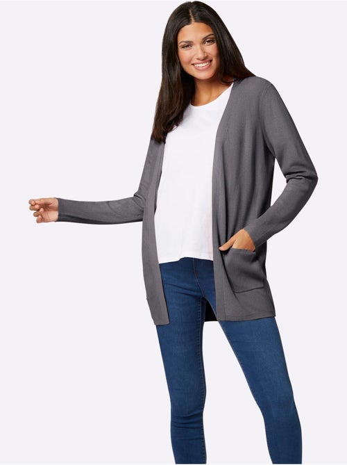 Veste longue en tricot avec col V et poches plaquées - Taille standard - Moda Vilona - Kiabi