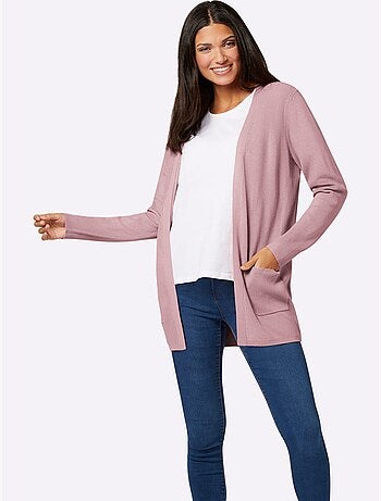 Veste longue en tricot avec col V et poches plaquées - Taille standard - Moda Vilona