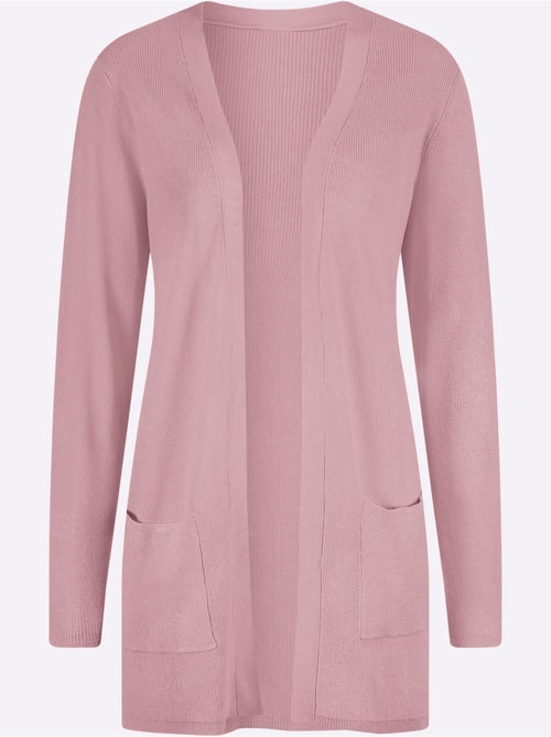 Veste longue en tricot avec col v et poches plaquées - taille standard - moda vilona - Kiabi