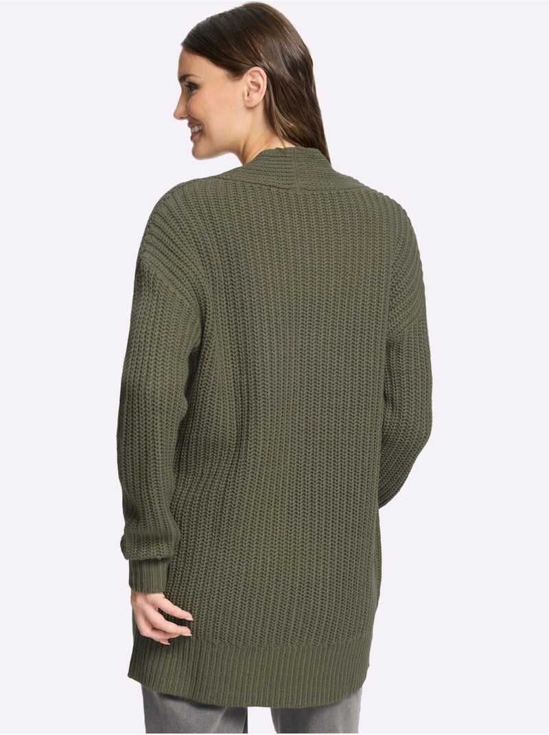 Veste Longue En Tricot Tricot Côtelé Moderne - Taille Standard - Moda Vilona Kaki - Kiabi