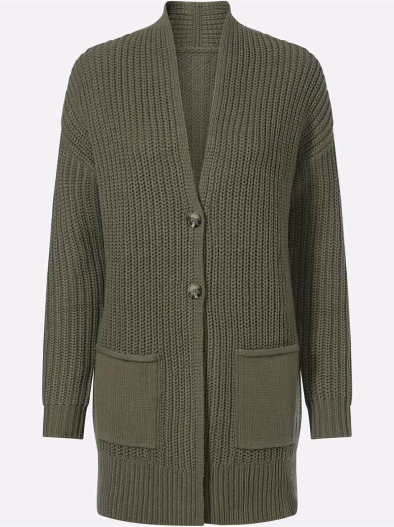 Veste Longue En Tricot Tricot Côtelé Moderne - Taille Standard - Moda Vilona Kaki - Kiabi