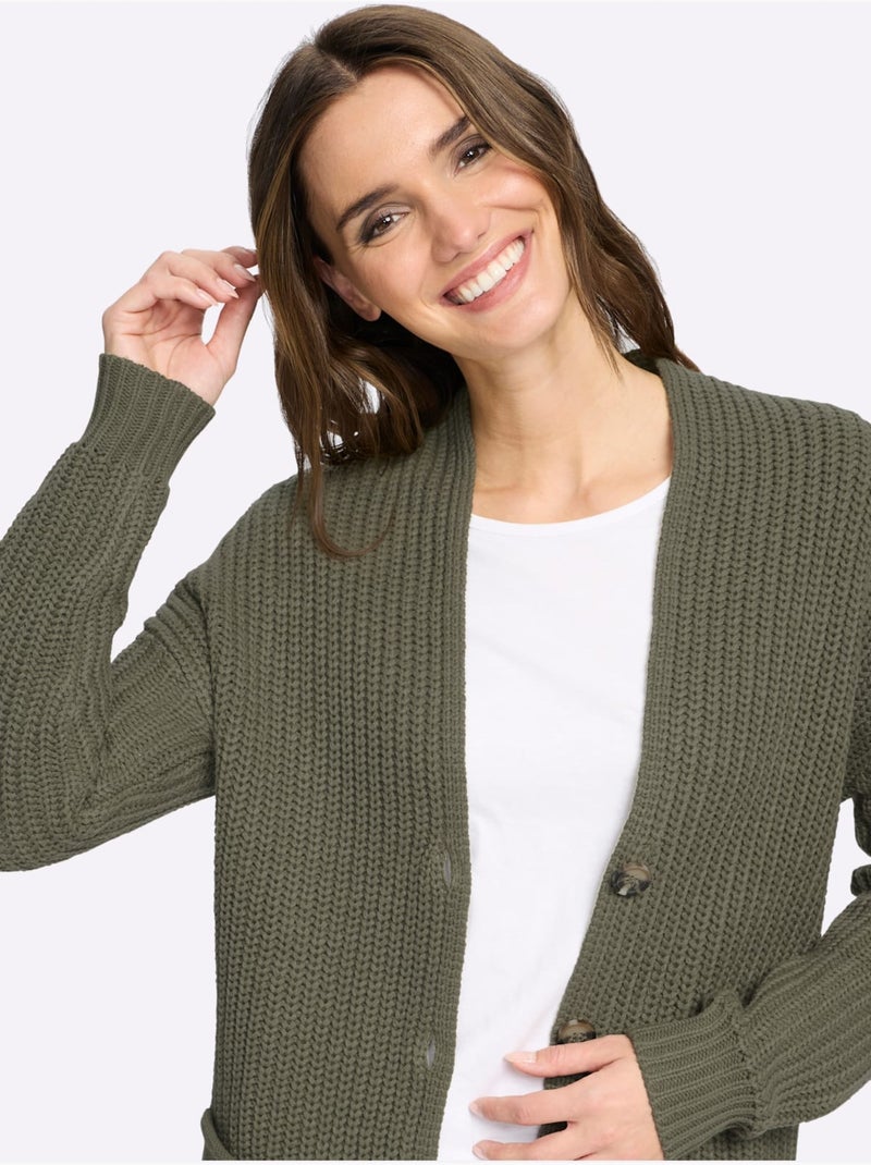 Veste Longue En Tricot Tricot Côtelé Moderne - Taille Standard - Moda Vilona Kaki - Kiabi