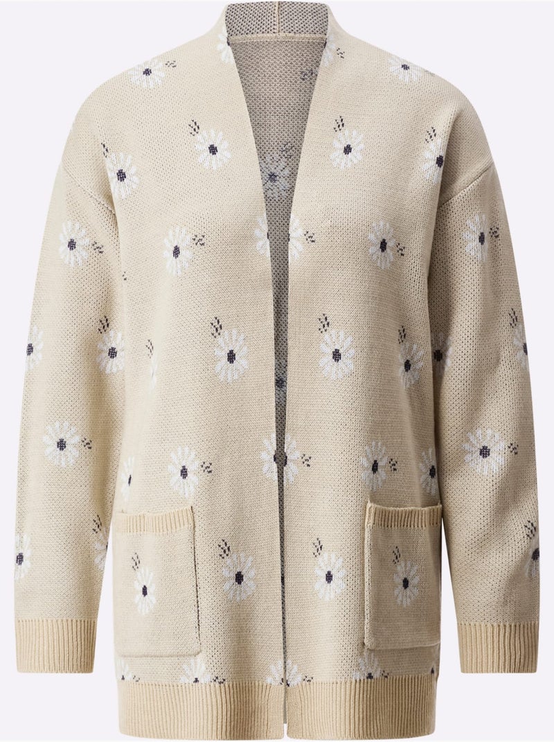 Veste Longue En Tricot Tricot Jacquard De Qualité - Taille Standard - Moda Vilona Blanc Bleu marine - Kiabi