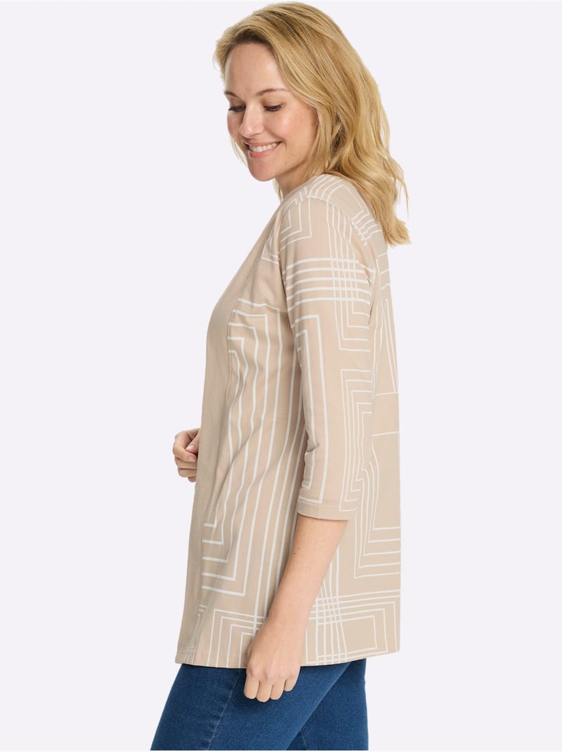 Veste longue légère avec col en V et manches 3/4 à motif graphique - Taille standard - Moda Vilona Beige - Kiabi