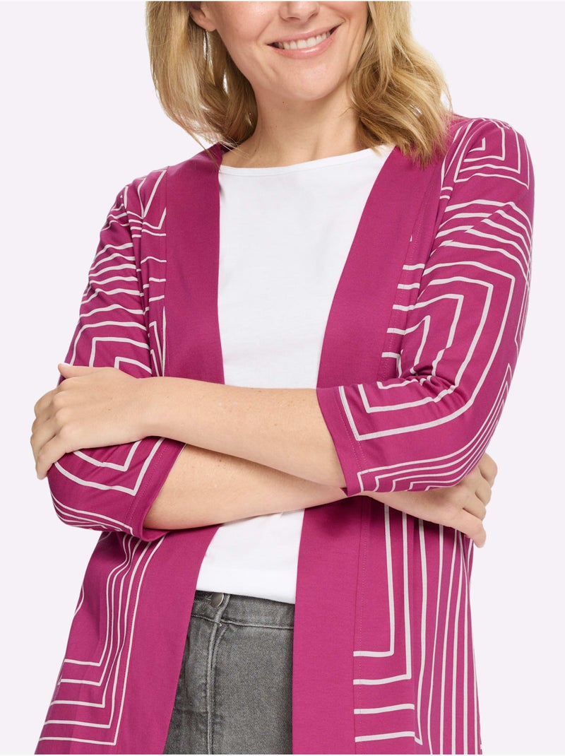 Veste longue ouverte avec encolure en V et manches 3/4 - Taille standard - Moda Vilona Blanc Magenta - Kiabi