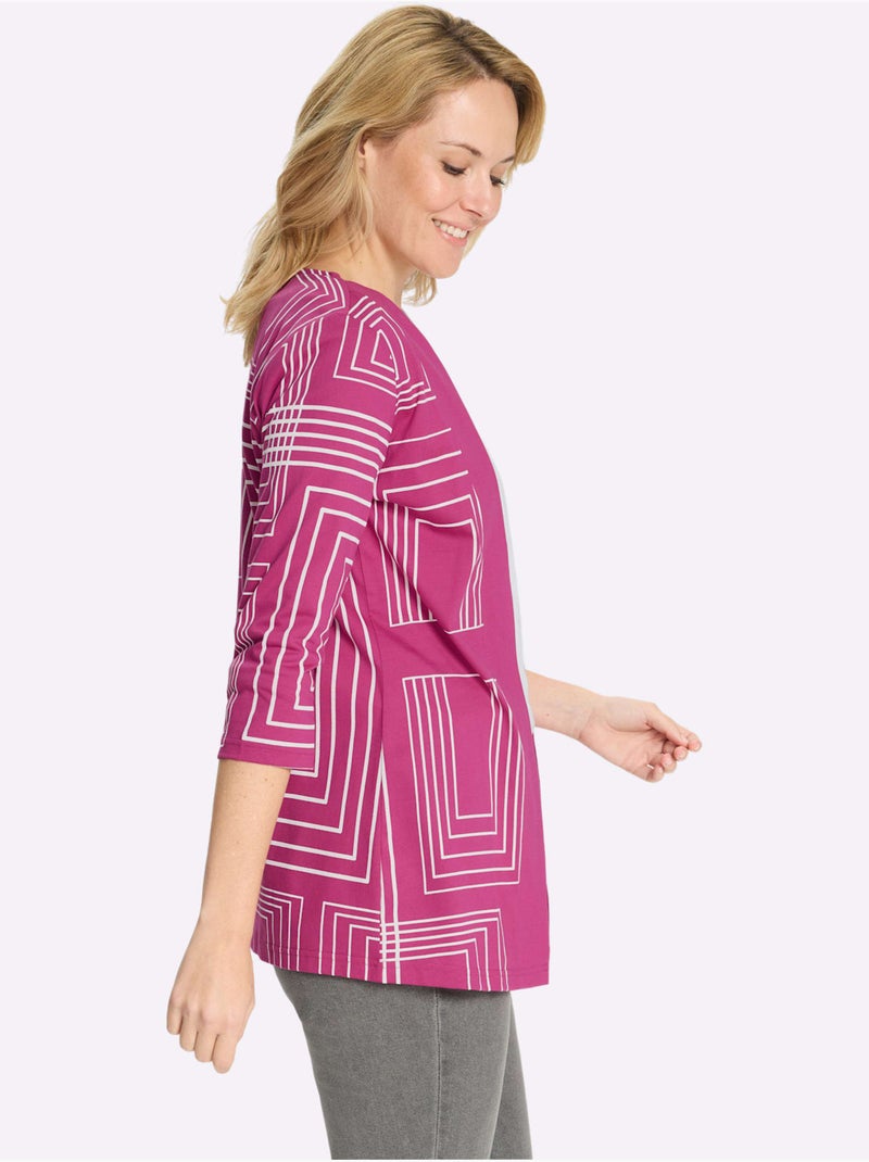 Veste longue ouverte avec encolure en V et manches 3/4 - Taille standard - Moda Vilona Blanc Magenta - Kiabi