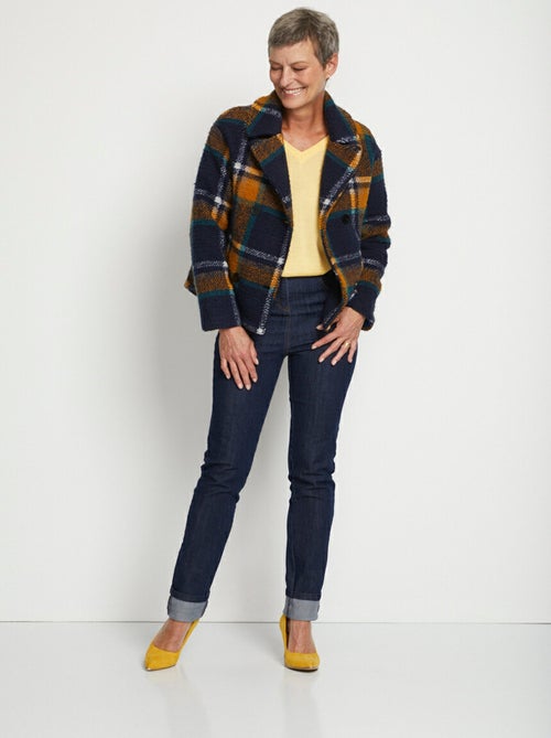 Veste manteau col tailleur tissu carreaux - Kiabi