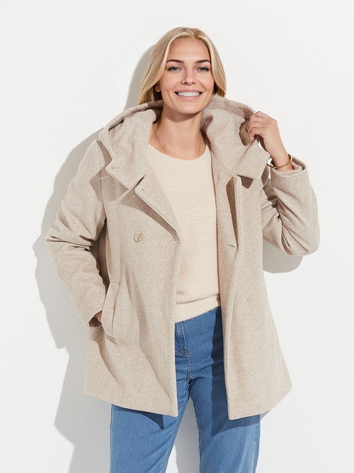 Veste manteau lainage tweed double boutonnage capuche - Kiabi