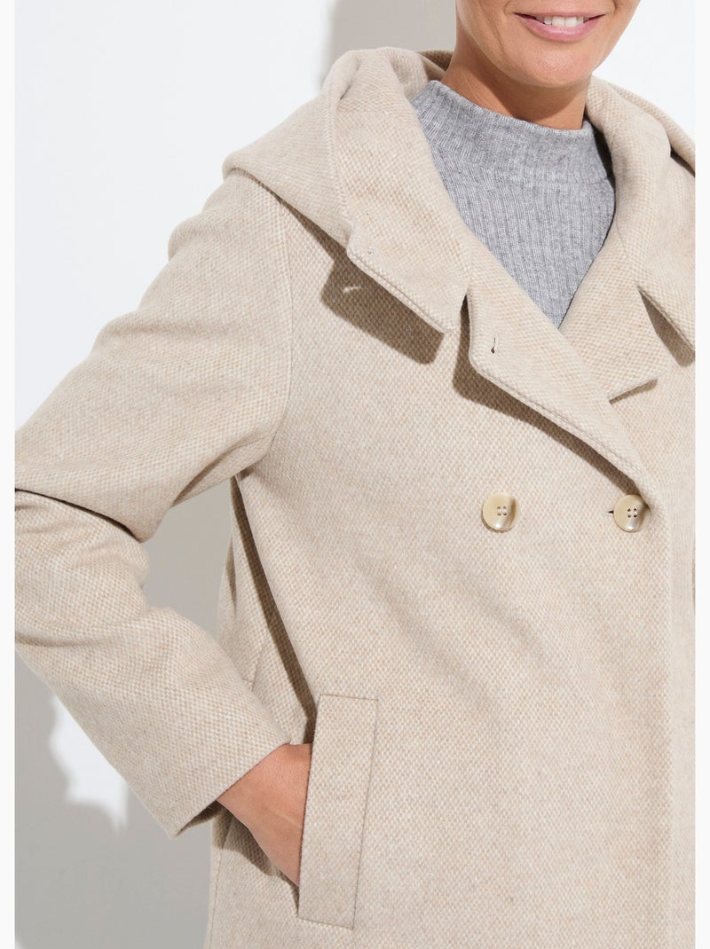Veste manteau lainage tweed double boutonnage capuche Beige - Kiabi