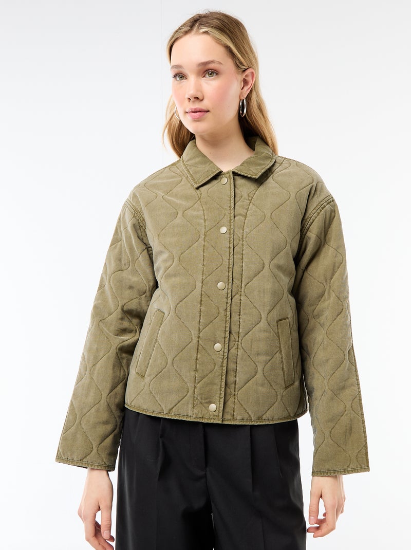 Veste matelassée unie avec col chemise Kaki - Kiabi